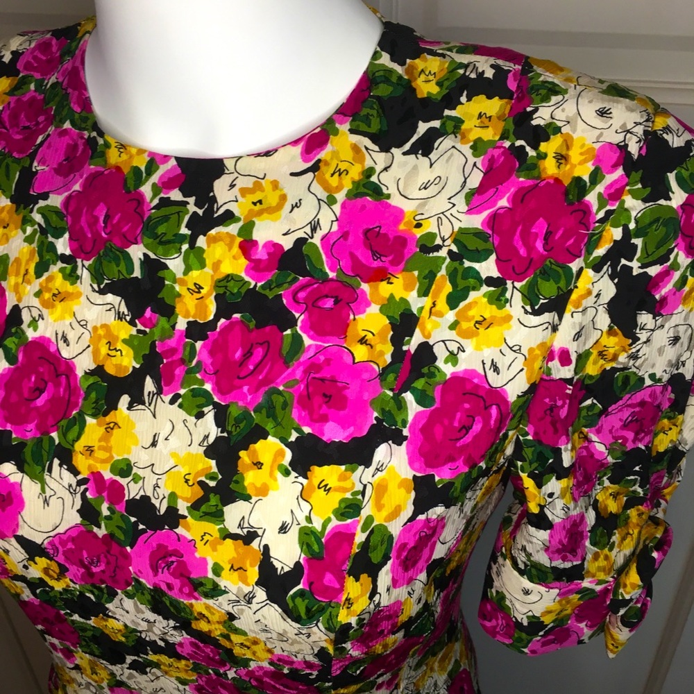 Vintage Albert Nipon Floral Silk Dress short sleeves 4 Pink Black Yellow White - Picture 3 of 6